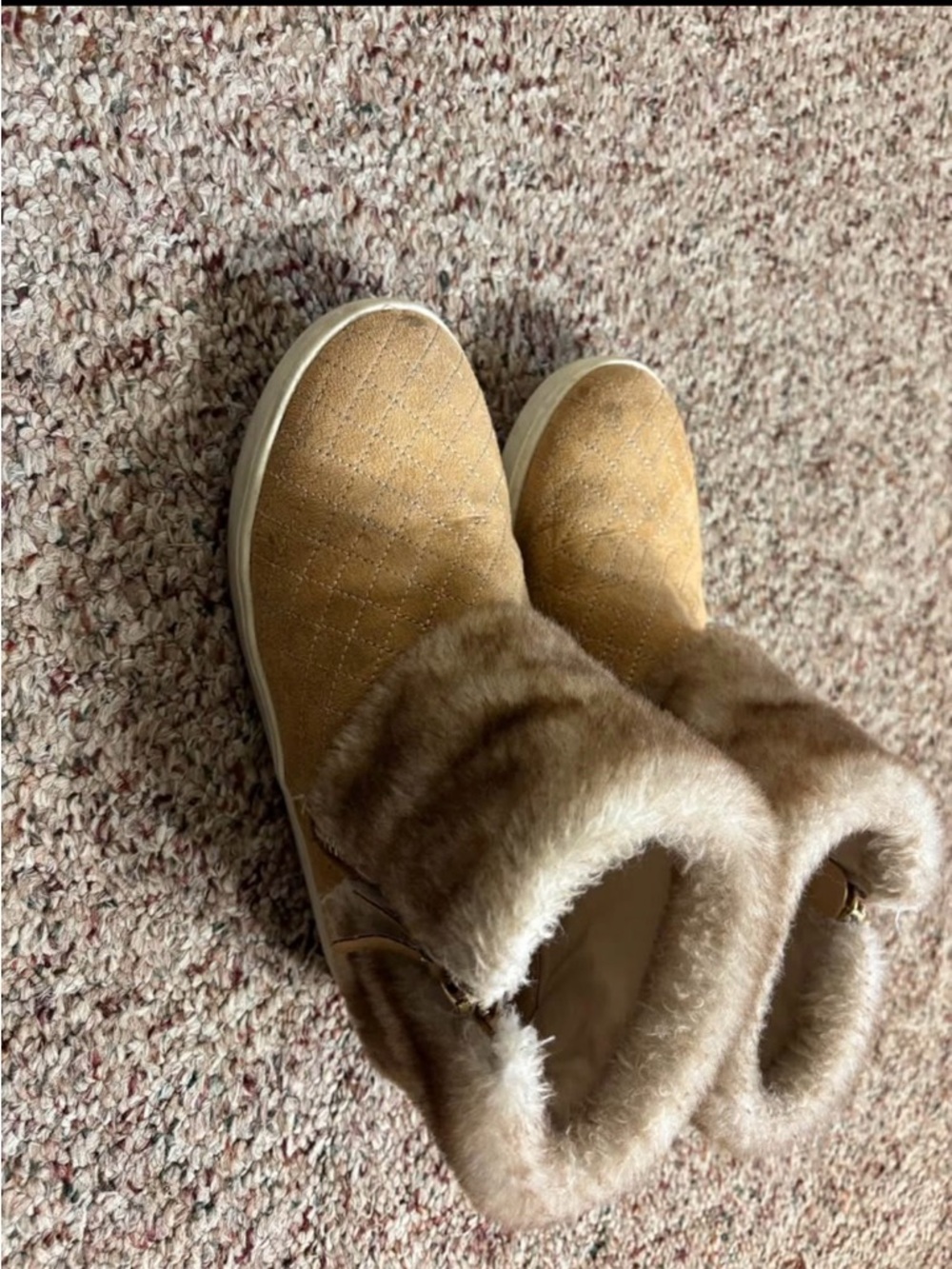 Girls Tan Faux-Fur Quilted Winter Ankle Boots
